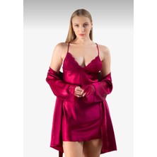 Lunoche Nightwear Saten Kadın Dantel Sırt Detaylı Saten Çeyizlik Ikili Gecelik Sabahlık Takımı