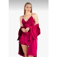 Lunoche Nightwear Saten Kadın Dantelli ve Sırt Detaylı Çeyizlik Ikili Gecelik Sabahlık Takımı