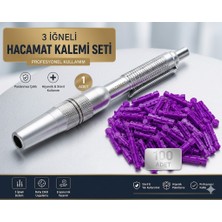 Eser Ticarett Profesyonel 3 Iğneli Hacamat Kalemi Seti - Paslanmaz Çelik Laset Kalemi + 100 Adet Steril Mor Iğne