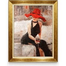Tablore Gold Çerçeveli Kırmızı Şapkalı Kadın Yağlı Boya Efektli Kanvas Duvar Tablosu Modern Sanat