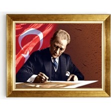 Tablore Atatürk Masada Çalışırken Fotoğrafı Çerçeveli Tablo Türk Bayraklı Ofis Tablosu