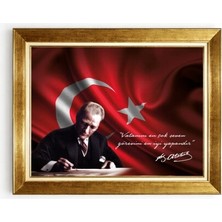Tablore Türk Bayraklı Atatürk Vatanını En Çok Seven Sözlü Çerçeveli Ofis ve Ev Tablosu