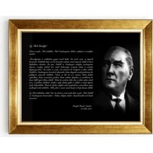 Tablore Atatürk ve Gençliğe Hitabe Siyah Zemin Duvar Tablosu Gold Çerçeveli Büyük Boy