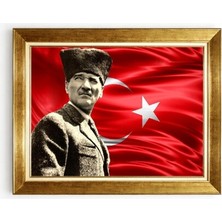 Tablore Atatürk ve Dalgalanan Türk Bayrağı Temalı Altın Çerçeveli Tablo - Kalpaklı Atatürk Portresi Ofis Ev Dekorasyonu