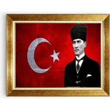 Tablore Kalpaklı Atatürk Portresi Çerçeveli Tablo Eskitme Türk Bayrağı Temalı Duvar Dekoru
