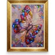 Tablore Soyut Yağlı Boya Dokulu Renkli Kelebek Modern Lüks Gold Çerçeveli Kanvas Tablo
