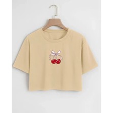 Nigrum Pardus Nıgrum Pardus Özel Seri Rıbboned Cherry Baskılı %100 Pamuk Kız Çocuk Crop T-Shirt