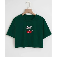 Nigrum Pardus Nıgrum Pardus Özel Seri Rıbboned Cherry Baskılı %100 Pamuk Kız Çocuk Crop T-Shirt