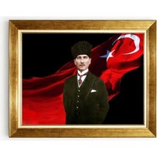 Tablore Atatürk Tablosu Kalpaklı ve Türk Bayraklı Altın Varak Çerçeveli Tablo