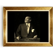 Tablore Mustafa Kemal Atatürk Siyah Beyaz Portre Tablo Altın Çerçeveli Ofis Lider Tablosu