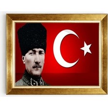 Tablore Gazi Mustafa Kemal Atatürk Portresi ve Ay Yıldız Türk Bayraklı Altın Çerçeveli Tablo - Kurumsal Makam Odası Tablosu