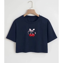 Nigrum Pardus Nıgrum Pardus Özel Seri Rıbboned Cherry Baskılı %100 Pamuk Kız Çocuk Crop T-Shirt