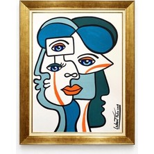 Tablore Gold Çerçeveli Soyut Kübizm Yüz Tablosu Modern Sanat Geometrik Duvar Dekoru