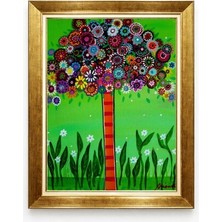 Tablore Altın Çerçeveli Renkli Çiçek Ağacı Tablosu - Pop Art Tarzı Neşeli Bahçe Temalı Çocuk ve Yaşam Odası Duvar Dekoru
