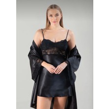 Lunoche Nightwear Saten Güpür Kadın Lüks Dantel Detaylı Çeyizlik Gecelik Sabahlık Takımı