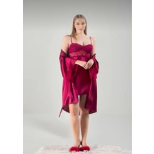 Lunoche Nightwear Saten Güpür Kadın Lüks Dantel Detaylı Çeyizlik Gecelik Sabahlık Takımı
