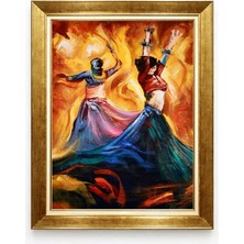 Tablore Altın Çerçeveli Dans Eden Kadınlar Yağlı Boya Efektli Tablo - Modern Sanat Duvar Dekoru