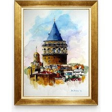 Tablore Istanbul Galata Kulesi Sulu Boya Tasarım Gold Çerçeveli Estetik Kanvas Tablo