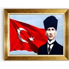 Tablore Türk Bayraklı Kalpaklı Atatürk Gold Çerçeveli Tablo - Atatürk ve Şanlı Türk Bayrağı Tablosu