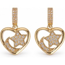 Serelya Pirinç Gold Renk Zirkon Taşlı Kalp Model Ay Yıldız Işleme Kadın Küpe