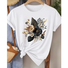 Nigrum Pardus Nıgrum Pardus Yeni Sezon Black Flower Bouquet Baskılı %100 Pamuk Büyük Beden Kadın T-Shirt