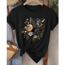 Nigrum Pardus Nıgrum Pardus Yeni Sezon Black Flower Bouquet Baskılı %100 Pamuk Büyük Beden Kadın T-Shirt