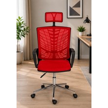 Ofiscore Ergonomik Fileli Ofis Koltuğu Başlıklı Çalışma Koltuğu Kırmızı Yönetici Koltuğu Bilgisayar Sandalyesi Sekreter Koltuğu