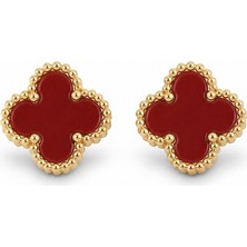Serelya Pirinç Gold Renk Bordo Yonca Model Kadın Küpe