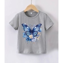 Nigrum Pardus Nıgrum Pardus Yuvarlak Yaka Mavi Kelebek Baskılı Kız Çocuk Yeni Sezon T-Shirt