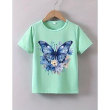 Nigrum Pardus Nıgrum Pardus Yuvarlak Yaka Mavi Kelebek Baskılı Kız Çocuk Yeni Sezon T-Shirt