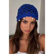 Kokoş Lacivert Renk Inci Detaylı Örgü Saç Bandana