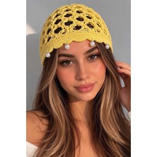 Kokoş Sarı Renk Inci Detaylı Örgü Saç Bandana