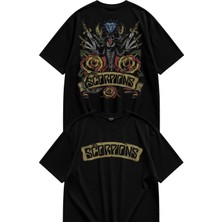 Fuddy Moda Unisex Scorpions Vintage Sırt Baskılı Bisiklet Yaka Tişört, Oversize Rock Band Temalı Tshirt