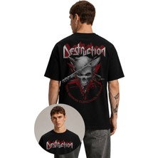 Fuddy Moda Unisex Destruction Sırt Baskılı Bisiklet Yaka Tişört, Oversize Rock Band Temalı Tshirt