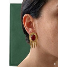 Lavante Butik Çelik Küpe Bordo Gold Detaylı Sallantılı