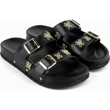 Meril Shoes Kadın Siyah Gold Aksesuar Detaylı Çift Tokalı Comfort Terlik