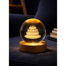 Yaratıcı Sanatlar Atölyesi 3D Kristal Doğum Günü Pastası Cam Küre LED Işıklı Ahşap Standlı USB Gece Lambası