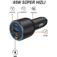 Teknohane 65 Watt Type-C + Usb-A Araç Şarj Aleti iPhone & Android & Notebook Araç Içi Şarj Cihazı Total 100W