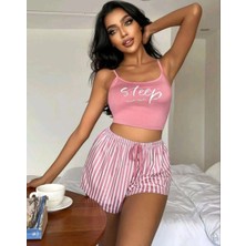 MTM My The Mall Giyim Kadın Pembe Çizgili Desen Askılı Şortlu Pijama Takımı Rahat Şık 2’li Set