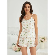 MTM My The Mall Giyim Kadın Ekru Çiçek Baskılı Şortlu Gecelik Pijama Takımı Rahat Şık 2’li Set