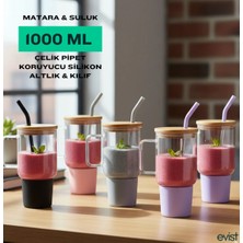 Evist Cam 1000ML Matara Suluk Bambu Kapak & Sızdırmaz Silikonlu Çelik Pipet Koruyucu Silikon Altlık Kılıf