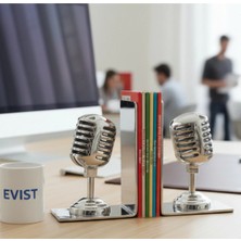 Evist Retro Mikrofon Modeli Kitap Tutucu – Alüminyum, 18X13X8,5 Cm, Şık ve Dekoratif Kitap Stoperi 2li Set