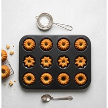 Evist 12 Bölmeli Karışık Motifli Muffin ve Kek Kalıbı - Yapışmaz Kaplama Metal Tasarım (Siyah)