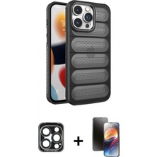Marsilyan™- iPhone 15 Pro Max Kılıf Yadigar Doku Özel Seri - Siyah 3D Antistatik Mat Seramik Nano Ekran Koruyucu + Pvd Metal Kamera Lens - Lt