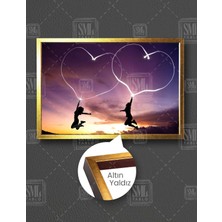 SML Tablo Işıktan Kalp Yapan Çift Gölge Aşk Love Manzara Gün Batımı Yatay Çerçeveli Kanvas Tablo