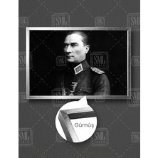 SML Tablo Mustafa Kemal Atatürk Askeri Üniforma Arka Plan Siyah Yatay Çerçeveli Kanvas Tablo