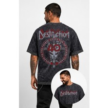 Fuddy Moda Unisex Destruction Sırt Baskılı Yıkamalı Tişört, Oversize Rock Band Temalı Retro Tshirt