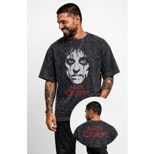 Fuddy Moda Unisex Alice Cooper Ense Baskılı Yıkamalı Tişört, Oversize Rock Band Temalı Retro Tshirt
