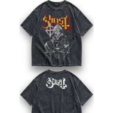 Fuddy Moda Unisex Ghost Ense Baskılı Yıkamalı Tişört, Oversize Rock Band Temalı Vintage Tshirt