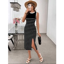 Deridün Yıldız Shoes Kadın Askılı Yuvarlak Yaka Şerit Detaylı Yırtmaçlı Midi Triko Elbise